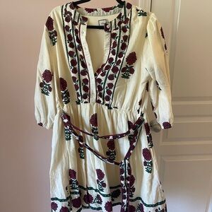 Embroidered Cream Midi Dress with Burgundy Floral Detail